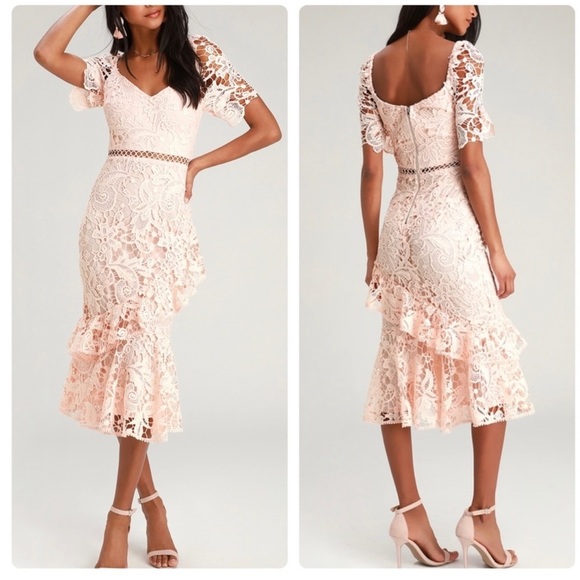 Lulus Briarwood Blush Pink Lace Ruffled Midi Dress M7. - Picture 1 of 16
